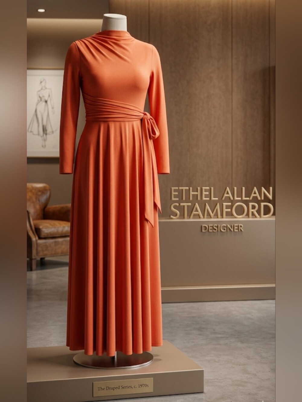 Vintage Ethel Allan Stamford Long Sleeve Maxi Dress W/Draped Bodice & Tie Waist